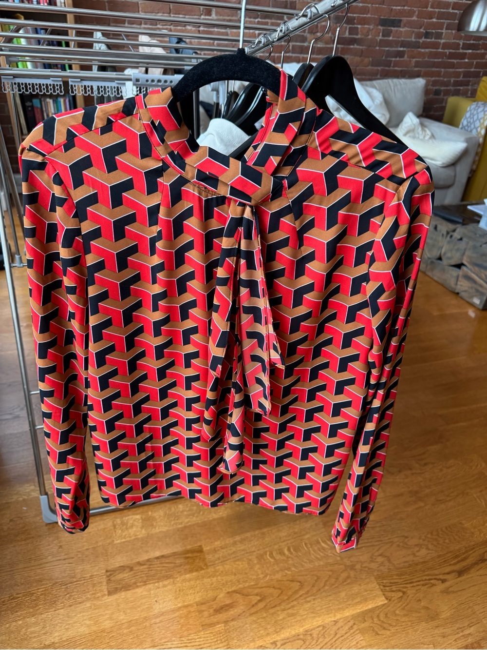 Simons Red Geometric Tie-Neck Blouse